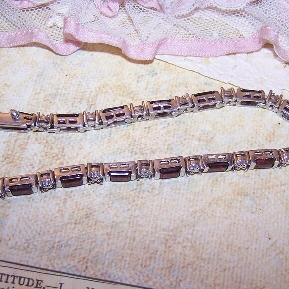 FAS Sterling Silver Garnet Diamond Tennis Bracelet - 7.25" Wearable Length - Picture 4 of 7